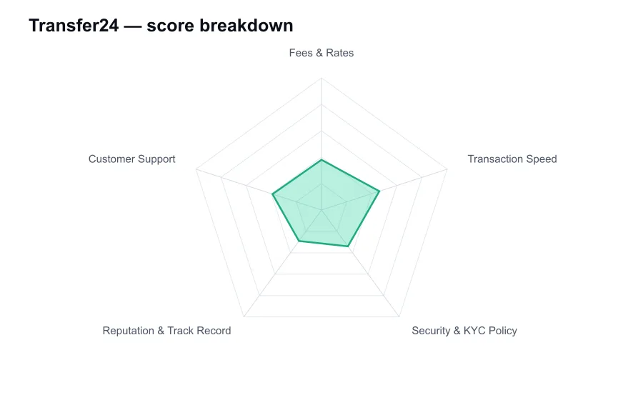 Transfer24 score breakdown by criterion, shown as a radar chart