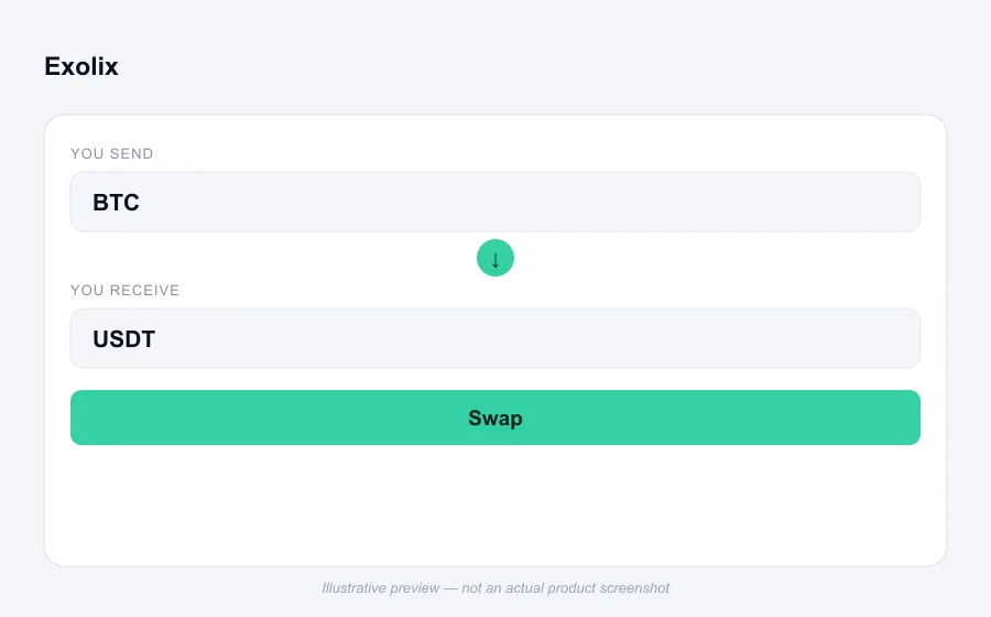 Illustrative swap flow preview for Exolix - not an actual product screenshot