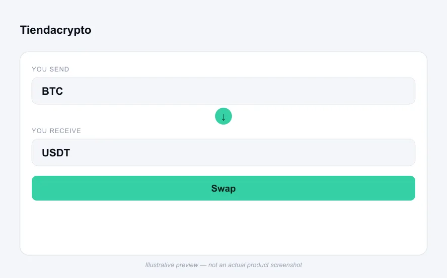 Illustrative swap flow preview for Tiendacrypto - not an actual product screenshot